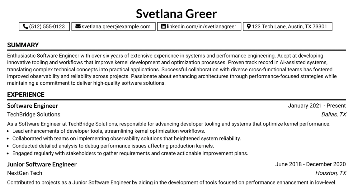 33 Software Engineer, Performance Engineering Resume Templates with Example 2026 (ATS-Optimized)