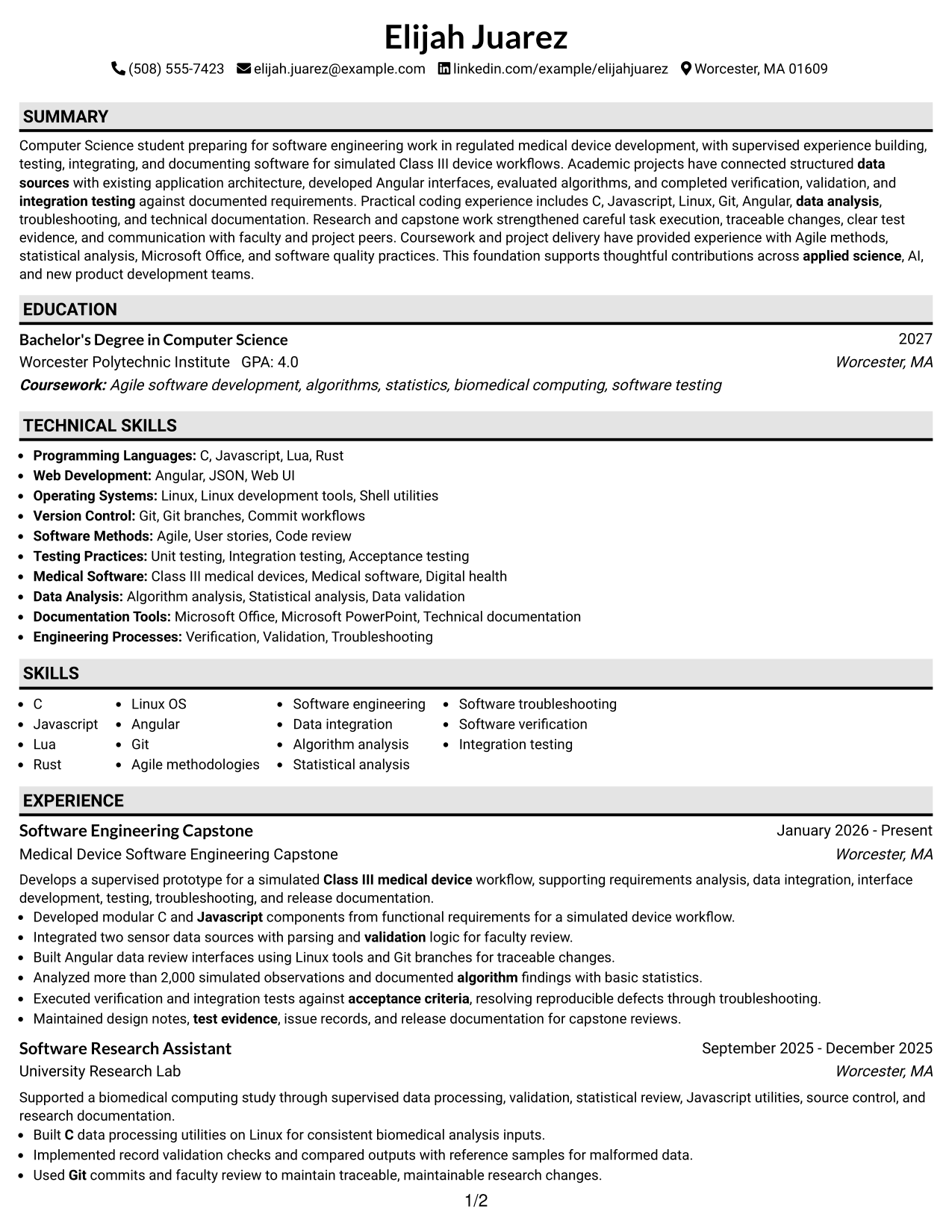 Resume Example Page 1