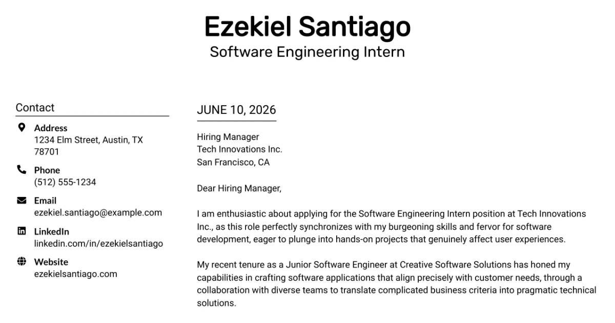 30+ Software Engineering Intern Cover Letter Templates with Example 2026