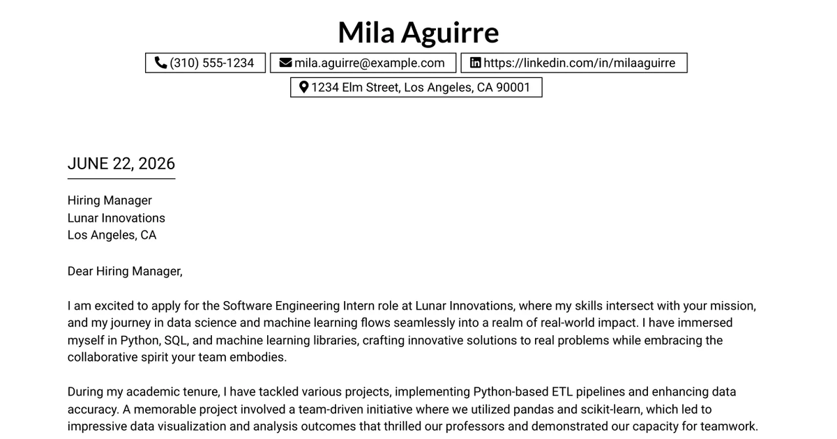 30+ Software Engineering Intern, Data & Machine Learning Cover Letter Templates with Example 2026