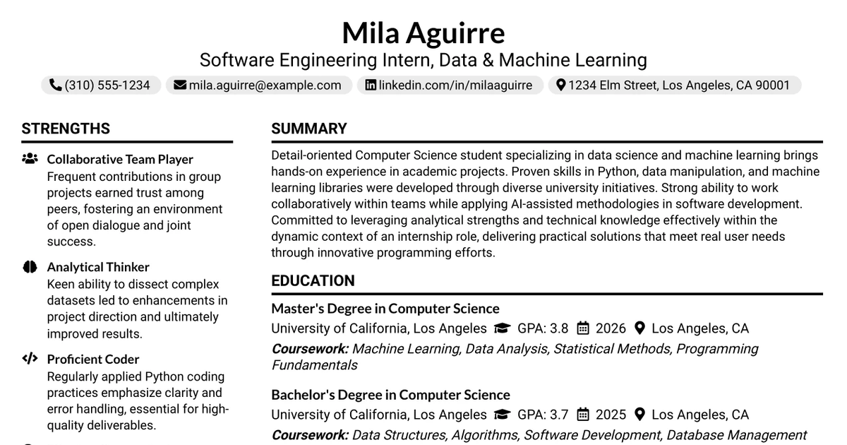 33 Software Engineering Intern, Data & Machine Learning Resume Templates with Example 2026 (ATS-Optimized)