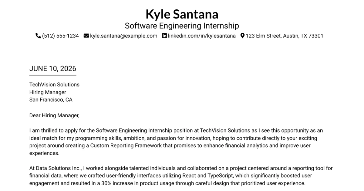 30+ Software Engineering Internship Cover Letter Templates with Example 2026