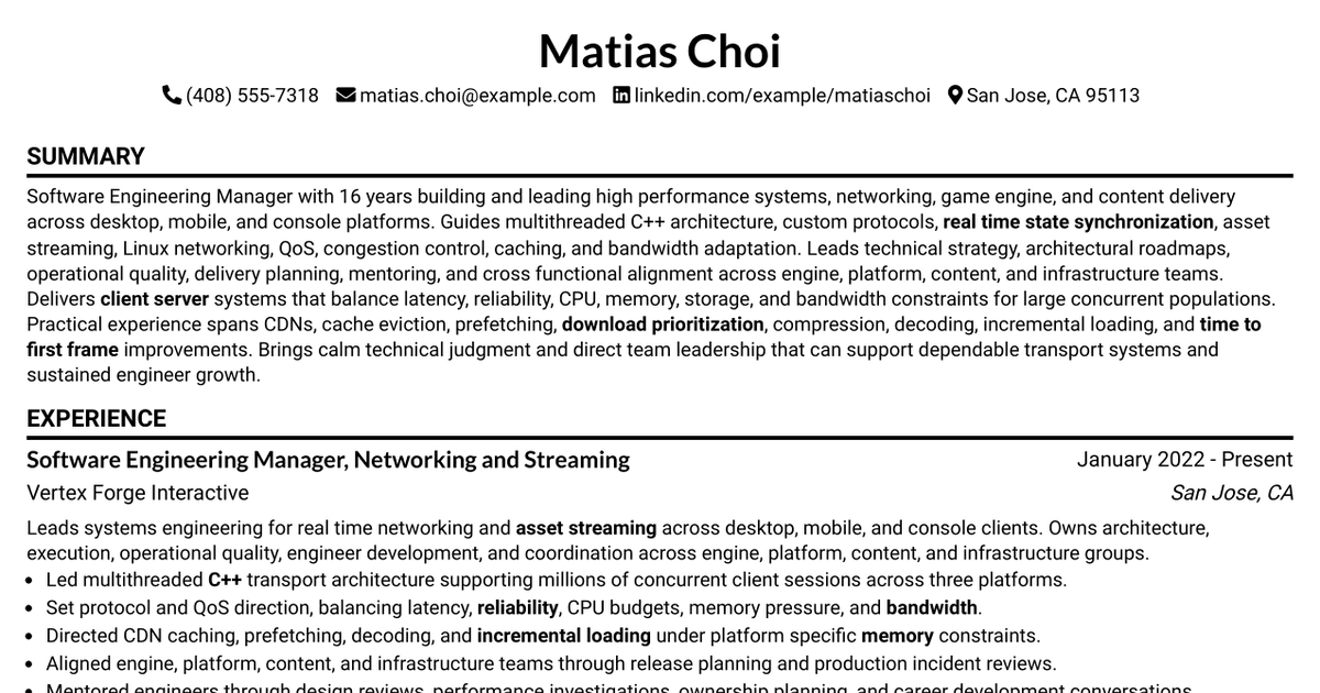 7 Software Engineering Manager - Network Transport Resume Templates with Example