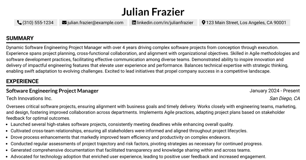 33 Software Engineering Project Manager Resume Templates with Example 2026 (ATS-Optimized)