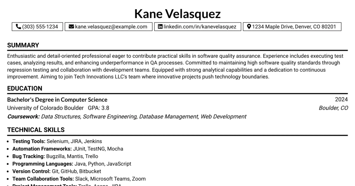33 Software Quality Assurance Intern Resume Templates with Example 2026 (ATS-Optimized)