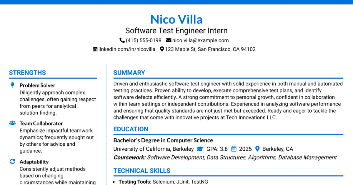 33 Software Test Engineer Intern Resume Templates with Example 2026 (ATS-Optimized)