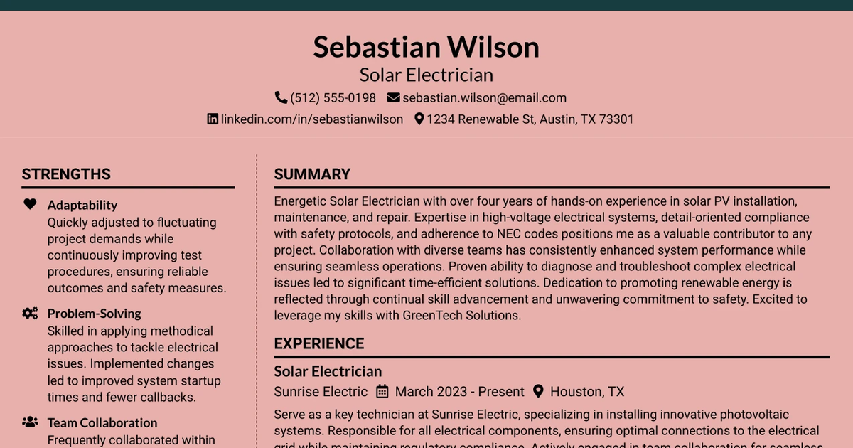 33 Solar Electrician Resume Templates with Example 2026 (ATS-Optimized)