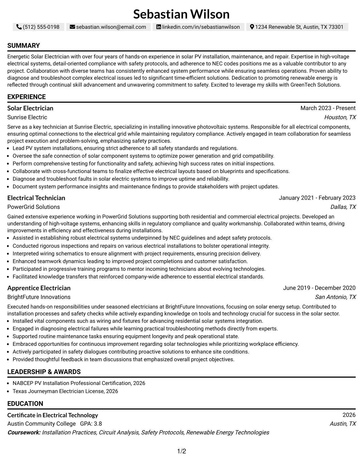 Resume Example Page 1