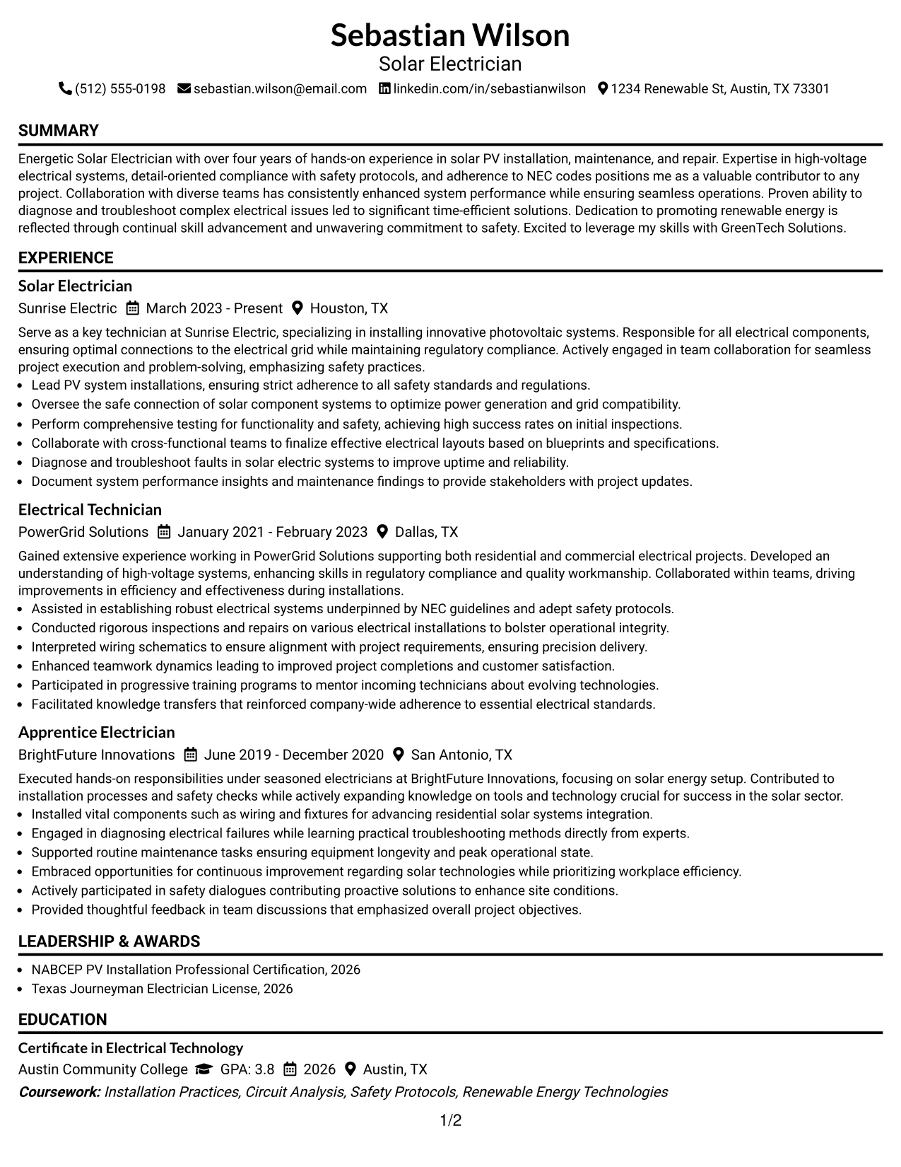 Resume Example Page 1