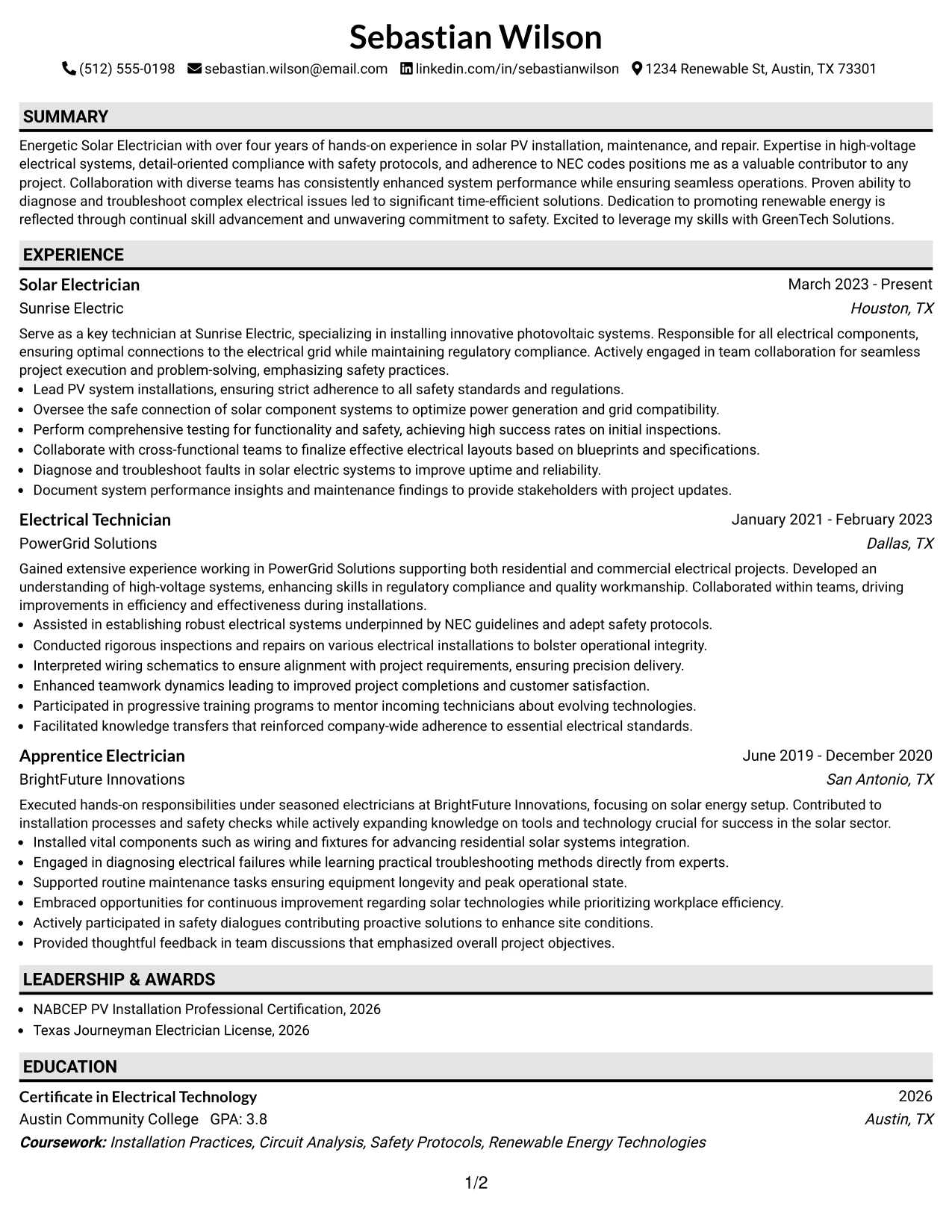 Resume Example Page 1