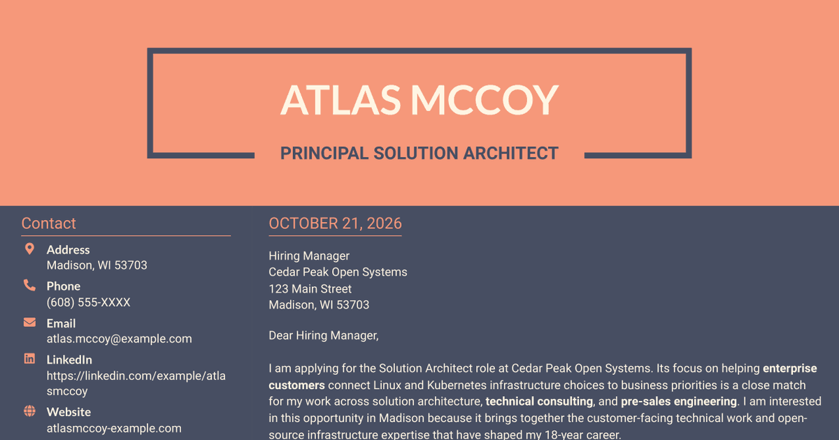 7 Solution Architect - Linux and Kubernetes Infrastructure Cover Letter Templates with Example
