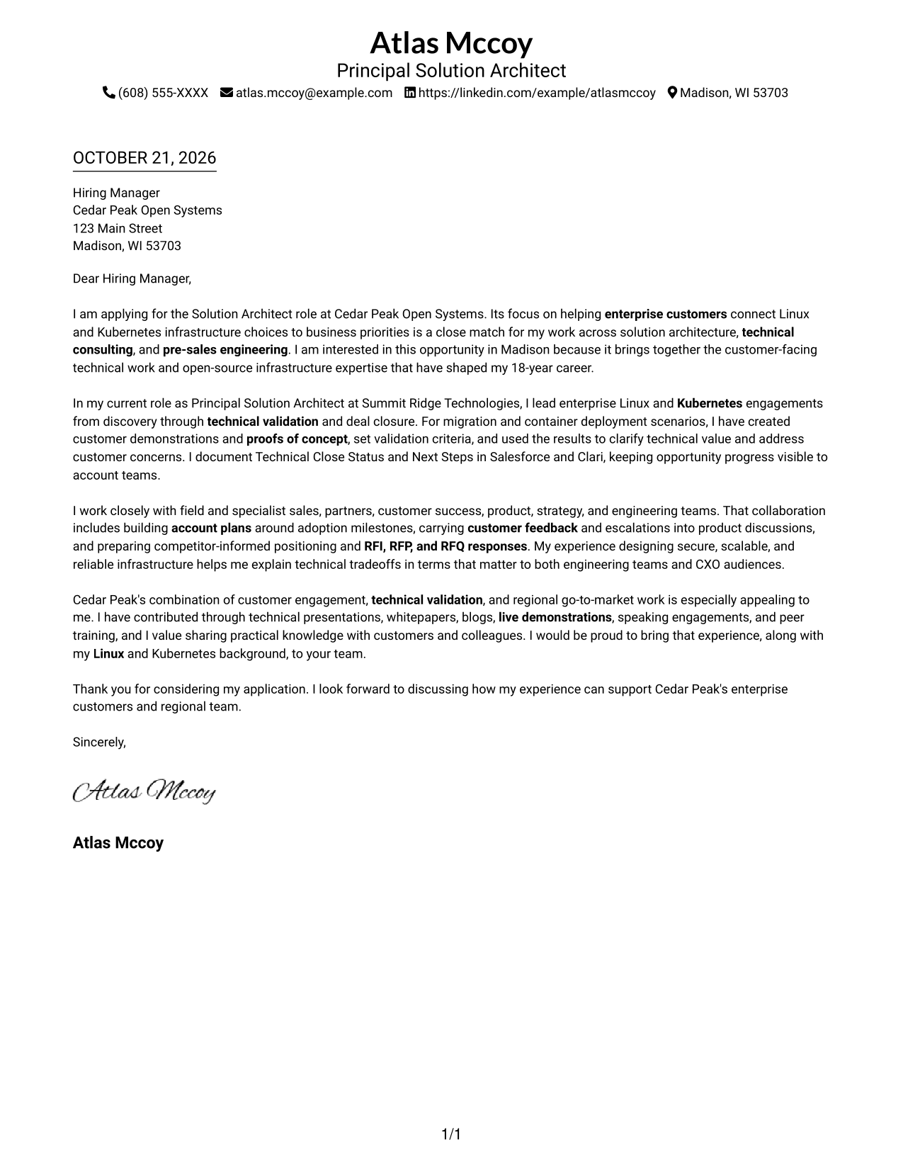 Cover letter example — page 1