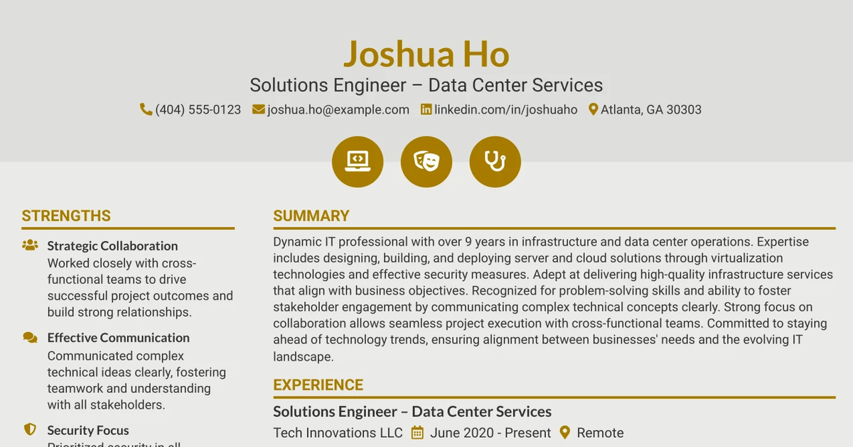 33 Solution Engineer – Data Center Services Resume Templates with Example 2026