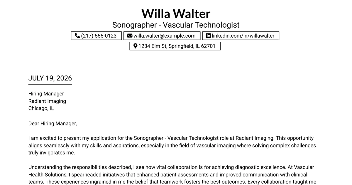 30+ Sonographer - Vascular Technologist Cover Letter Templates with Example 2026
