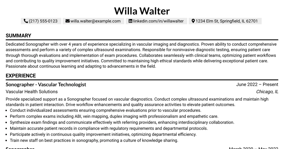 33 Sonographer - Vascular Technologist Resume Templates with Example 2026 (ATS-Optimized)