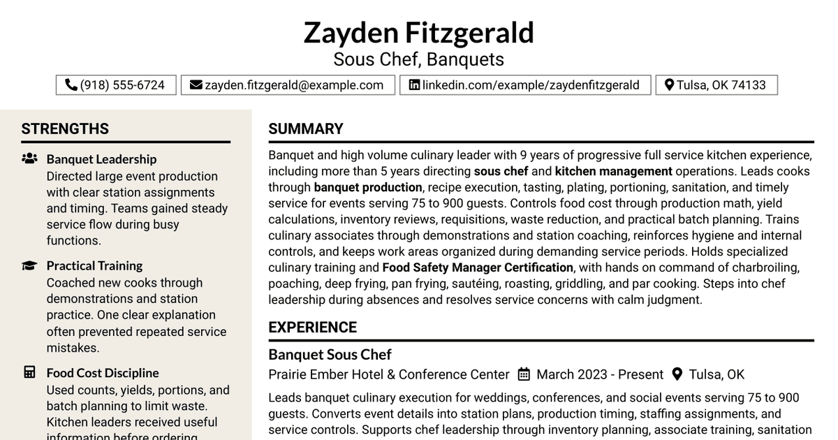 7 Sous Chef Banquets Resume Templates with Example