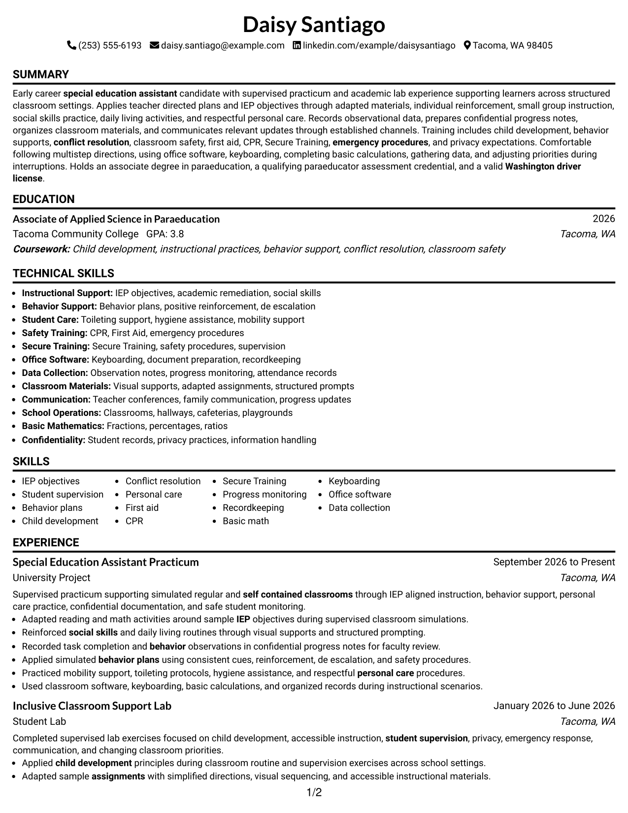 Resume Example Page 1