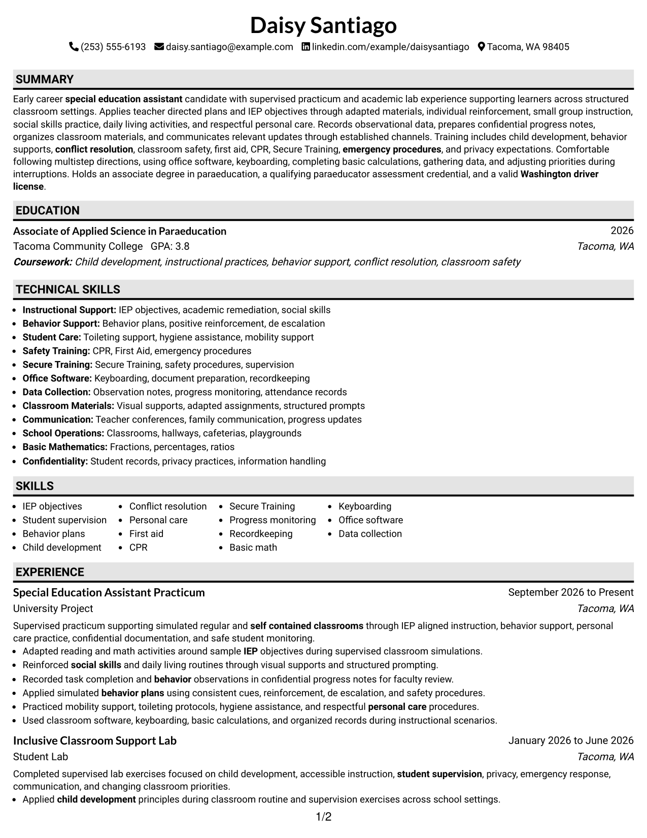 Resume Example Page 1