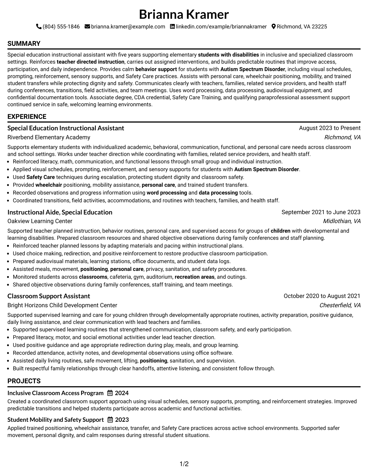 Resume Example Page 1