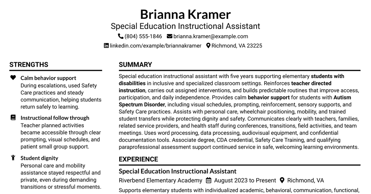 7 Special Education Instructional Assistant Resume Templates with Example