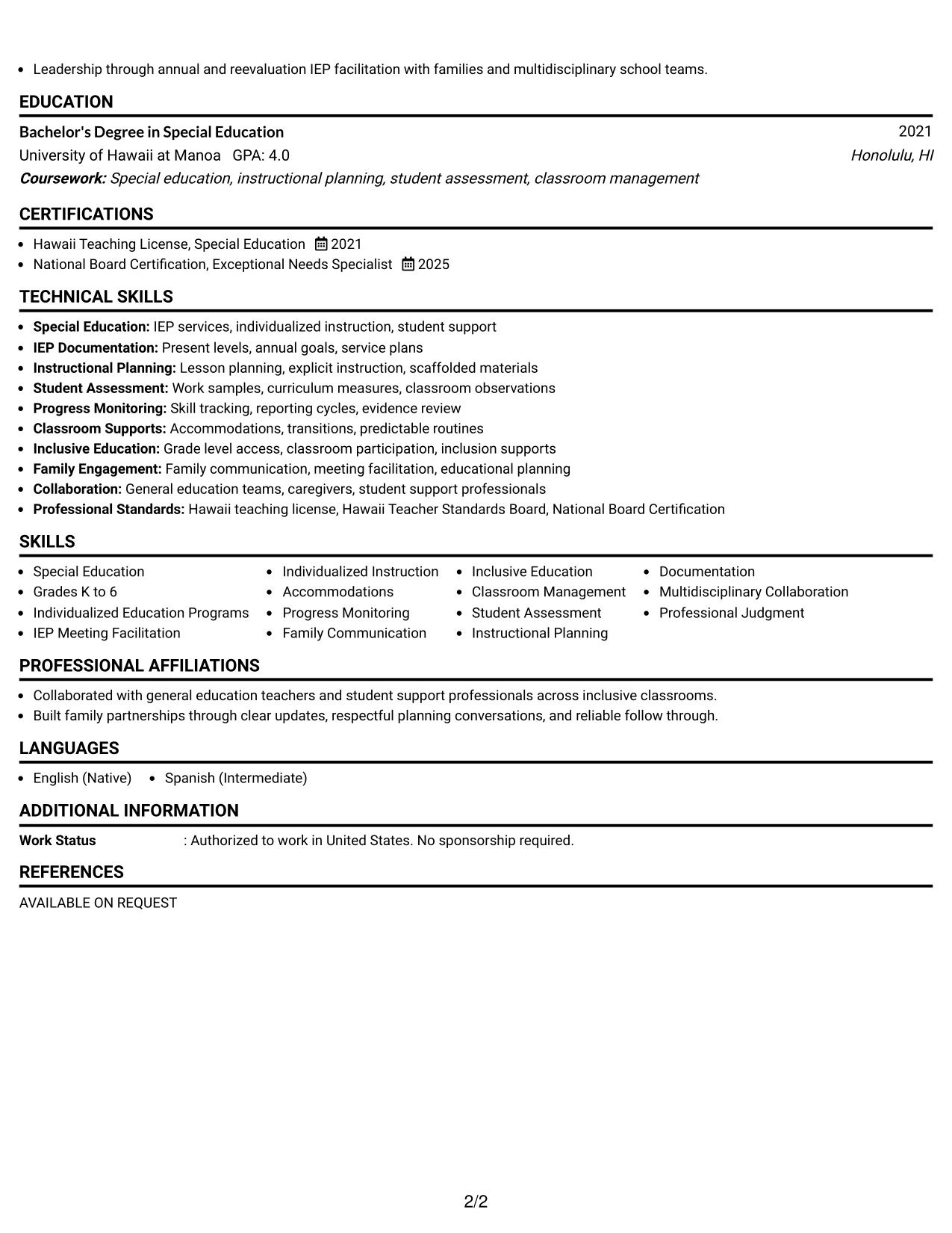 Resume Example Page 2