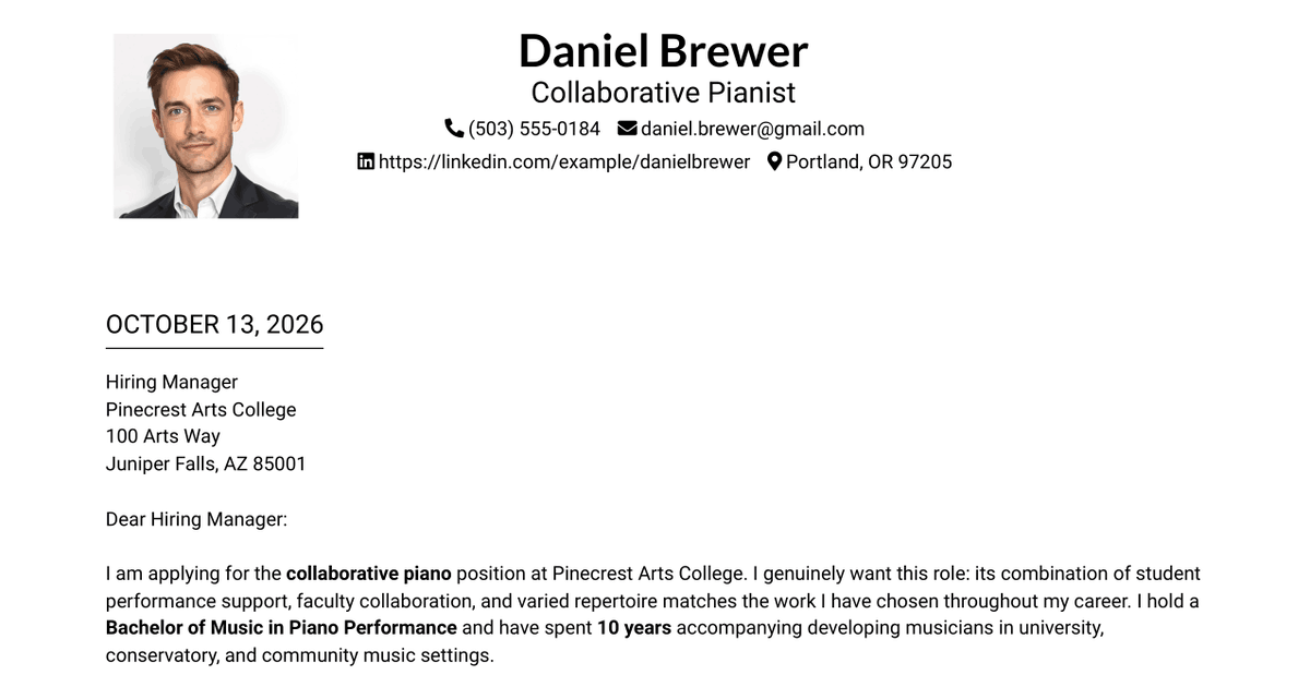 7 Specialist - Collaborative Piano Cover Letter Templates with Example