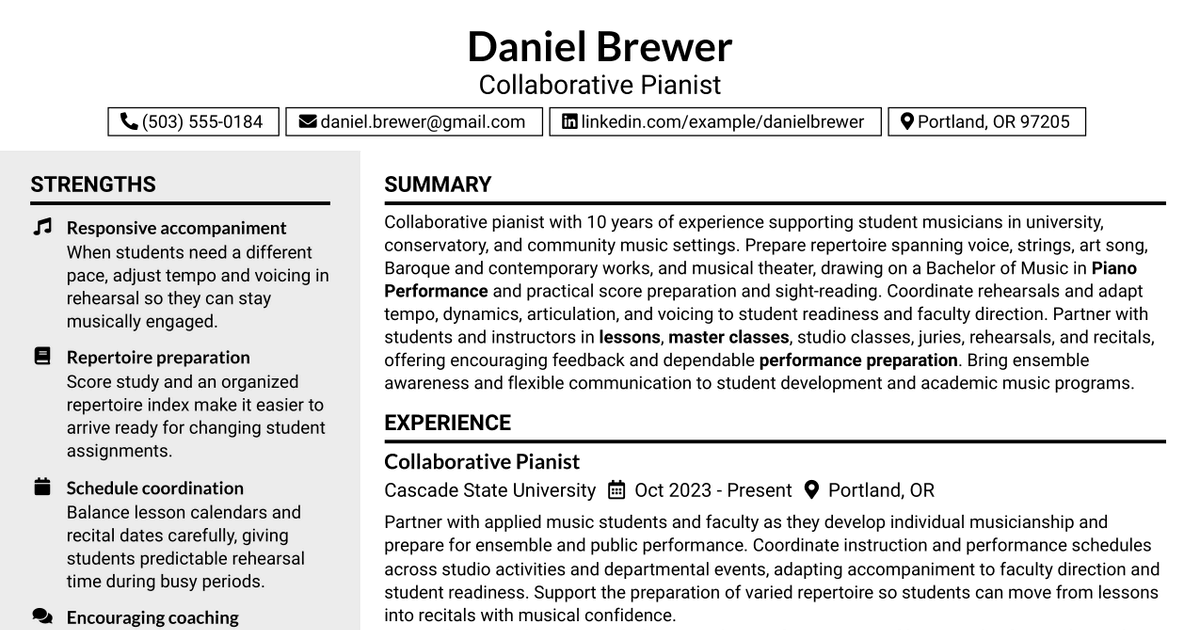 7 Specialist - Collaborative Piano Resume Templates with Example
