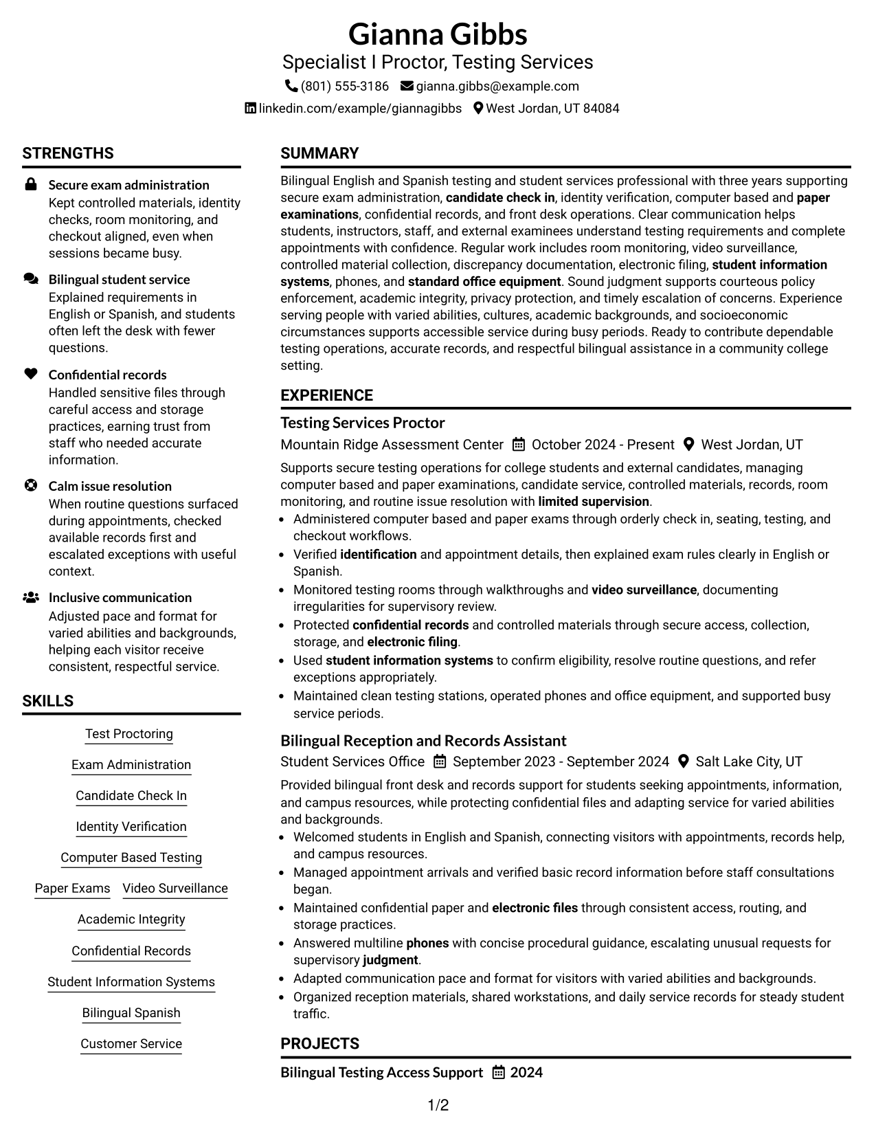 Resume Example Page 1