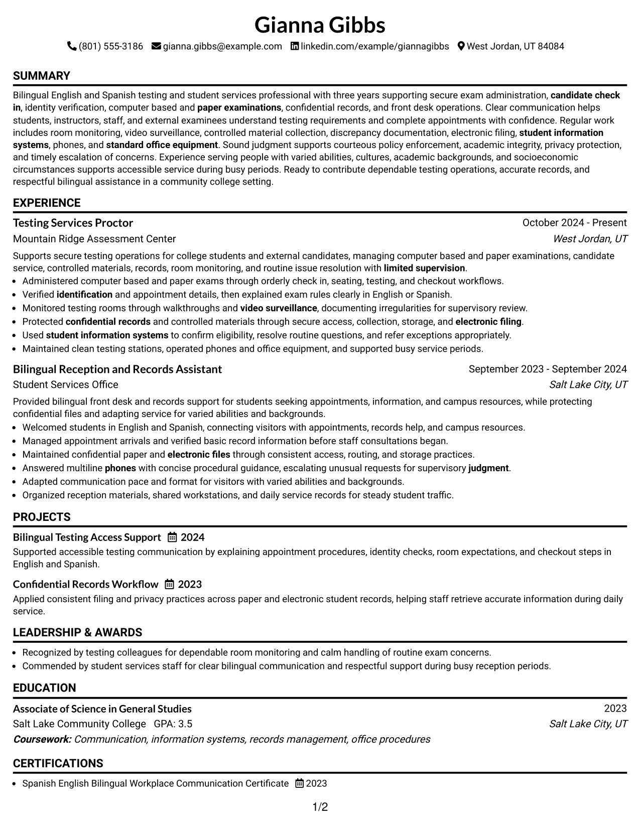 Resume Example Page 1