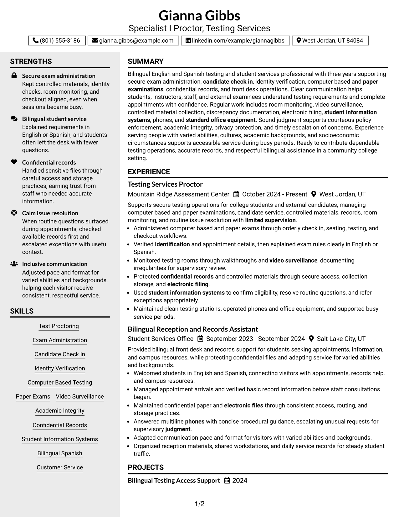 Resume Example Page 1