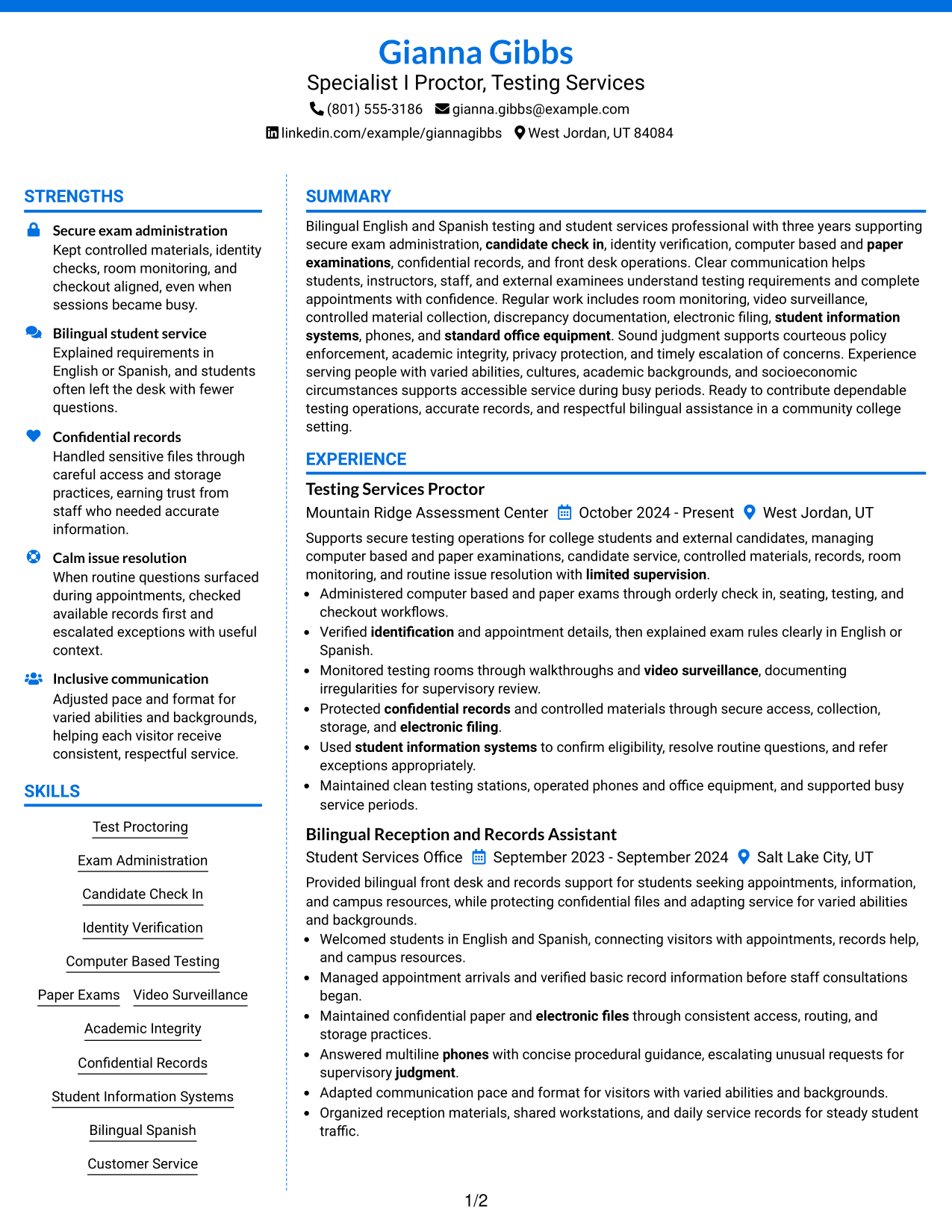 Resume Example Page 1