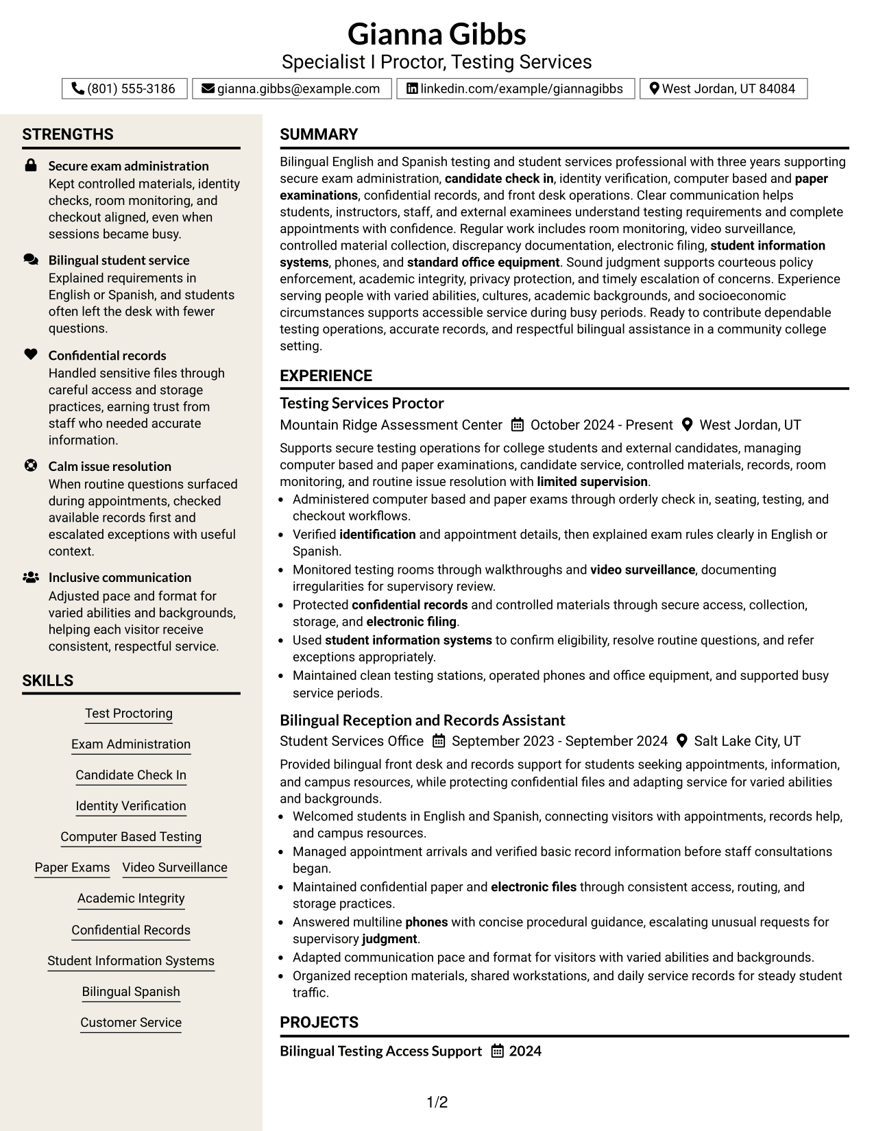 Resume Example Page 1