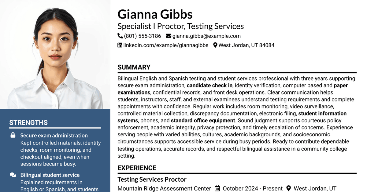 7 Specialist I Proctor - Testing Services Resume Templates with Example