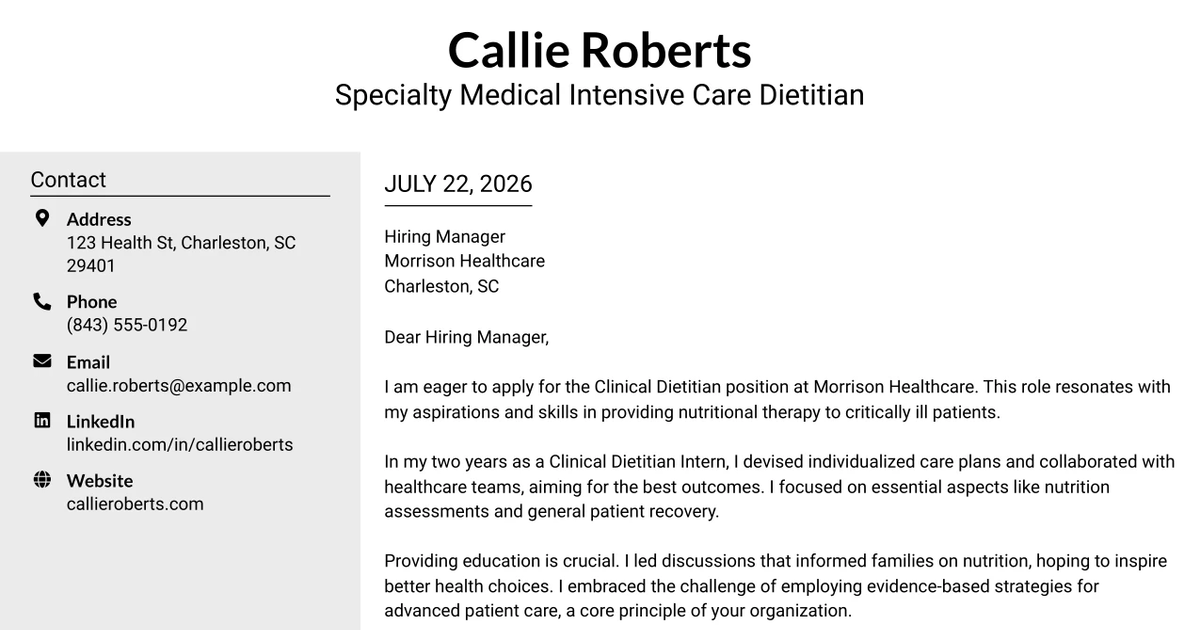 30+ SPECIALITY MEDICAL INTENSIVE CARE DIETITIAN Cover Letter Templates with Example 2026