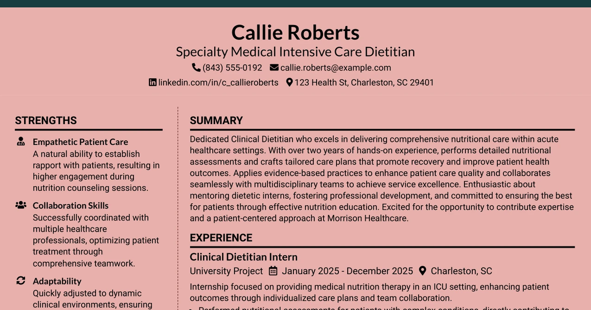 33 SPECIALITY MEDICAL INTENSIVE CARE DIETITIAN Resume Templates with Example 2026 (ATS-Optimized)