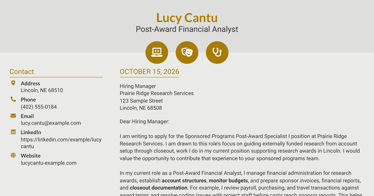 7 Sponsored Programs Post-Award Specialist I Cover Letter Templates with Example