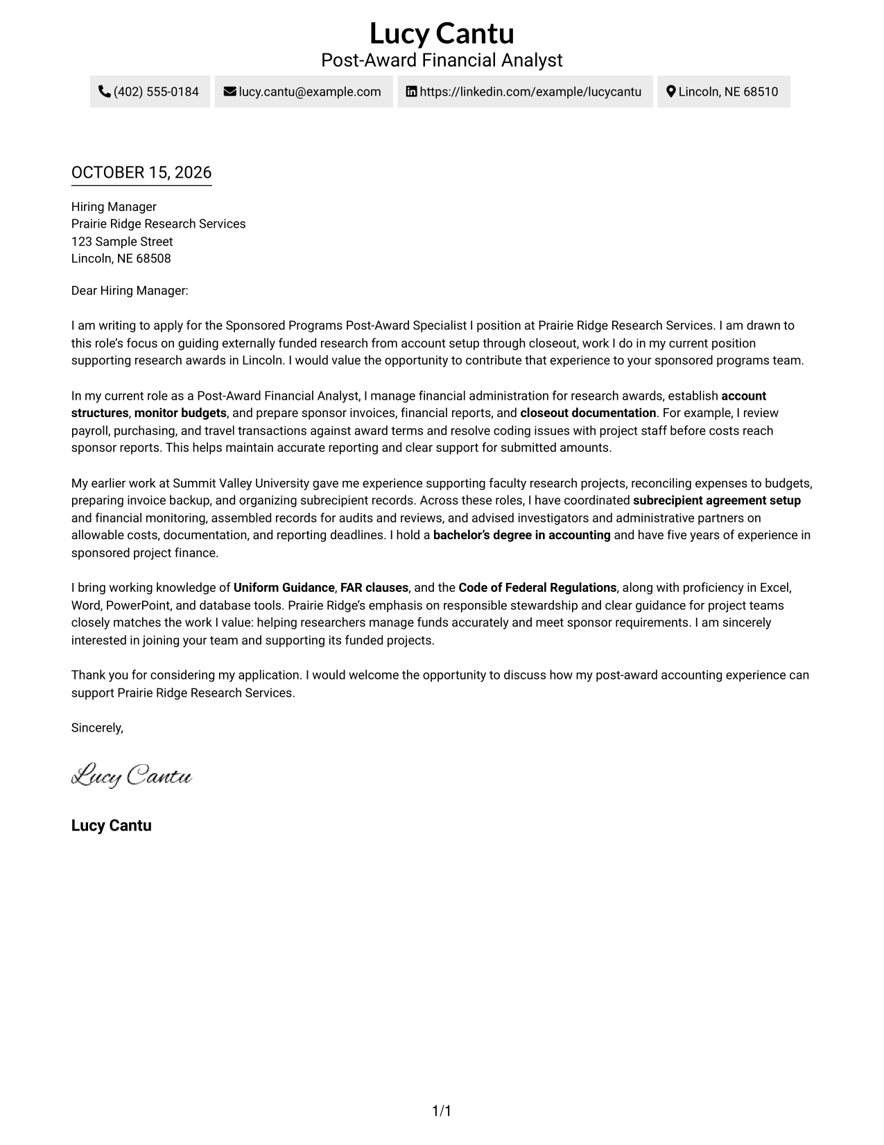 Cover letter example — page 1