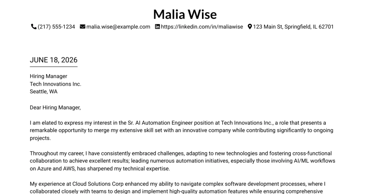 30+ Sr. AI Automation Engineer Cover Letter Templates with Example 2026