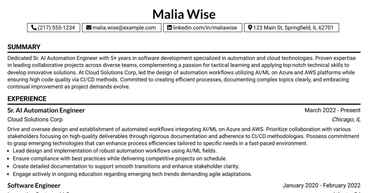 33 Sr. AI Automation Engineer Resume Templates with Example 2026 (ATS-Optimized)