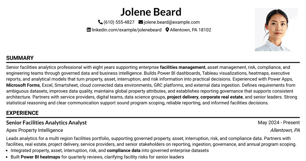 7 Sr. Analyst, Facilities Management (FM) Center of Excellence (COE) Resume Templates with Example