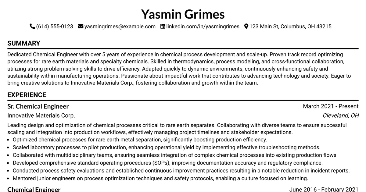 33 Sr. Chemical Engineer Resume Templates with Example 2026 (ATS-Optimized)