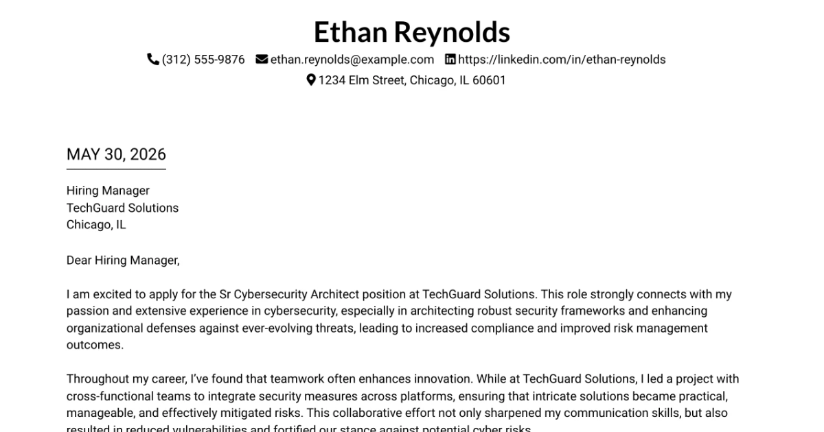 30+ Sr Cybersecurity Architect Cover Letter Templates with Example 2026