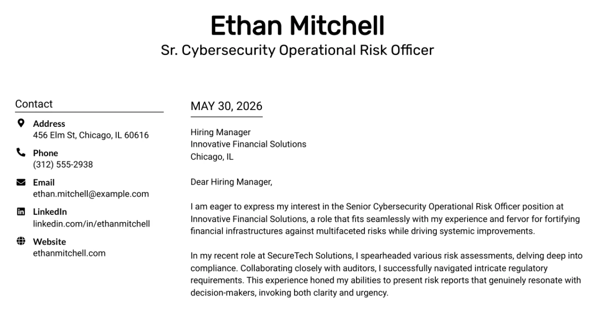 30+ Sr. Cybersecurity Operational Risk Officer Cover Letter Templates with Example 2026