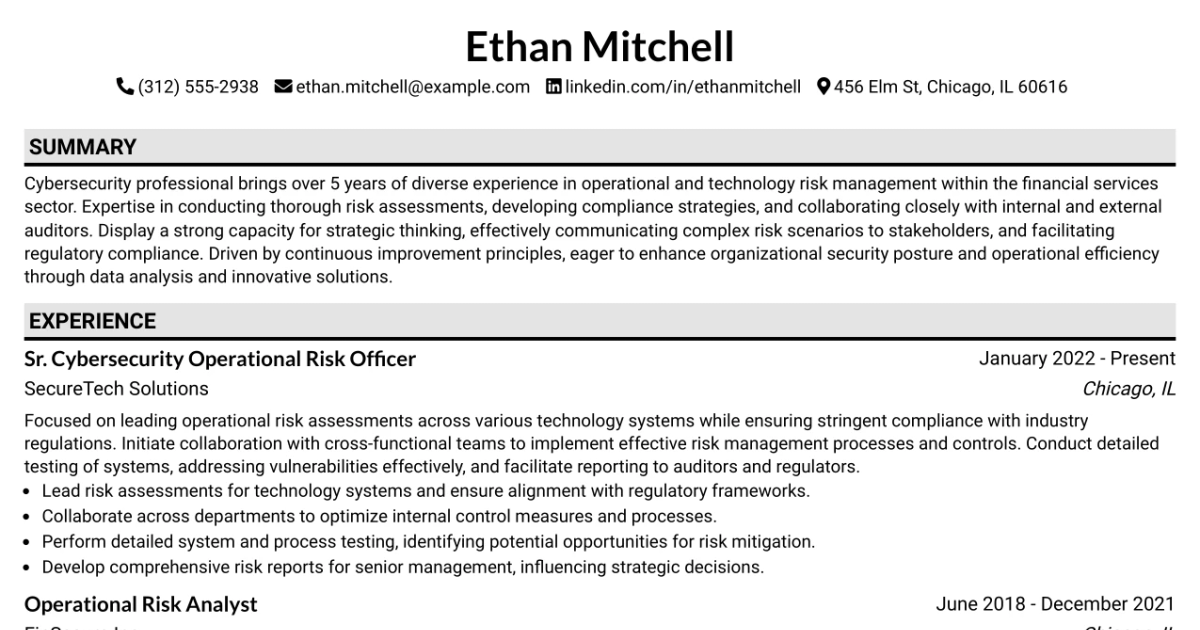 33 Sr. Cybersecurity Operational Risk Officer Resume Templates with Example 2026 (ATS-Optimized)