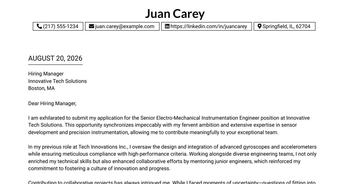 30+ Sr. Electro-Mechanical Instrumentation Engineer Cover Letter Templates with Example 2026