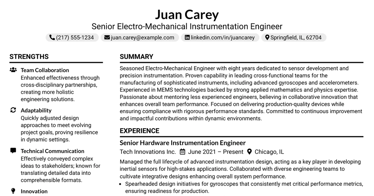 33 Sr. Electro-Mechanical Instrumentation Engineer Resume Templates with Example 2026 (ATS-Optimized)