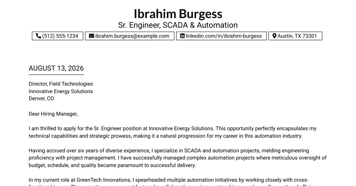 30+ Sr. Engineer, SCADA & Automation Cover Letter Templates with Example 2026