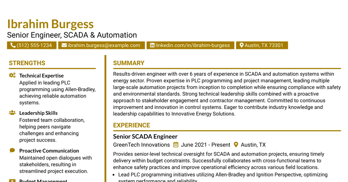 33 Sr. Engineer, SCADA & Automation Resume Templates with Example 2026 (ATS-Optimized)