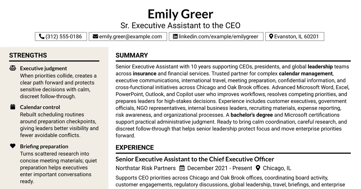 33 Sr. Executive Assistant to the CEO Resume Templates with Example 2026 (ATS-Optimized)