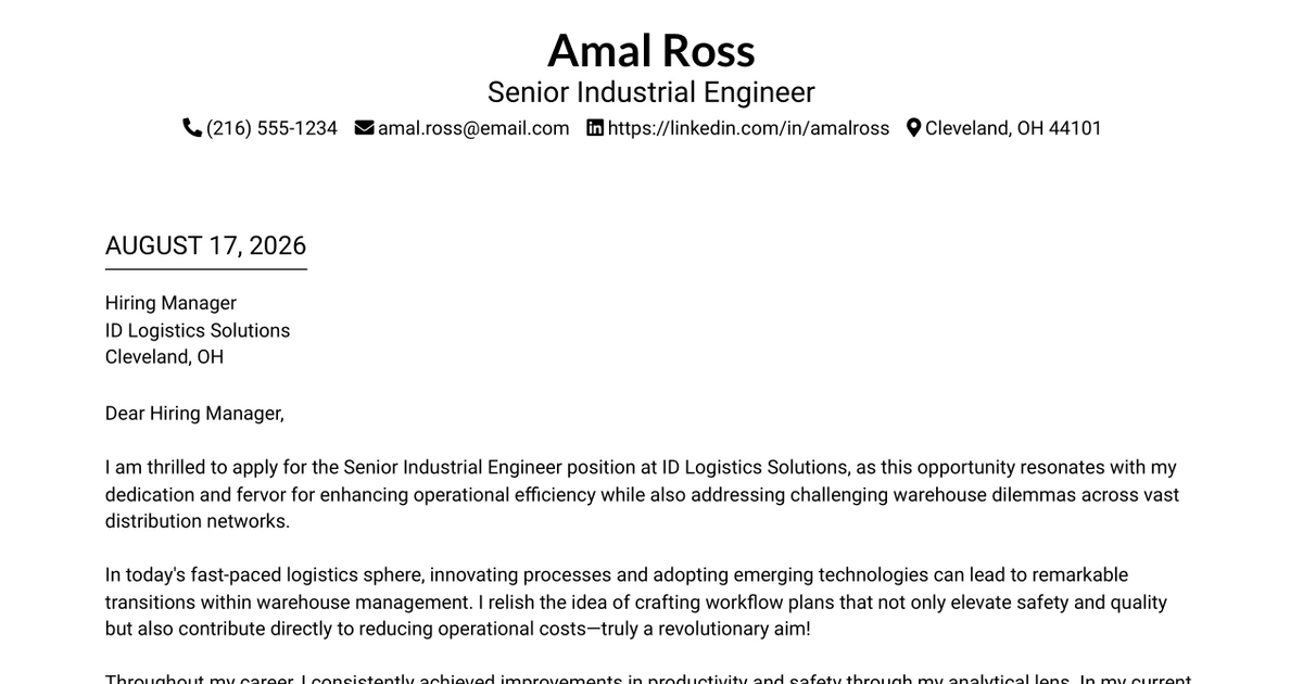 30+ SR Industrial Engineer Cover Letter Templates with Example 2026
